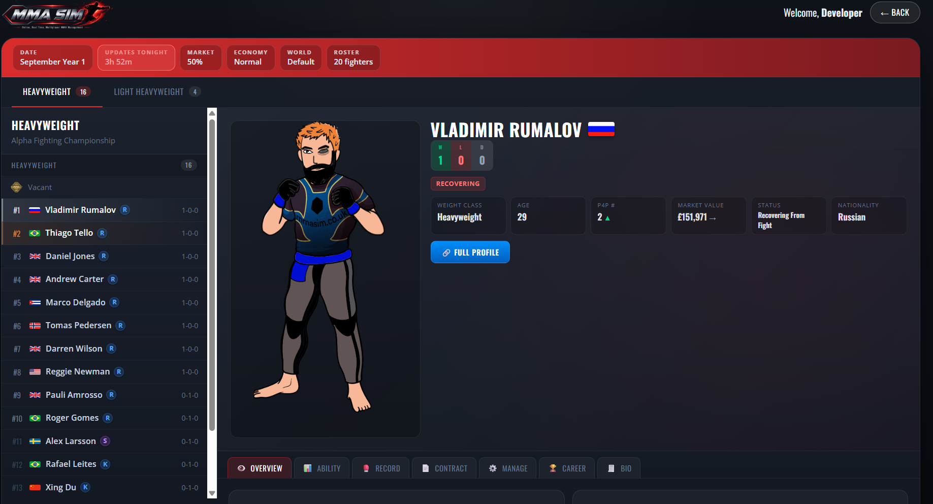 MMA Sim fighter roster screen